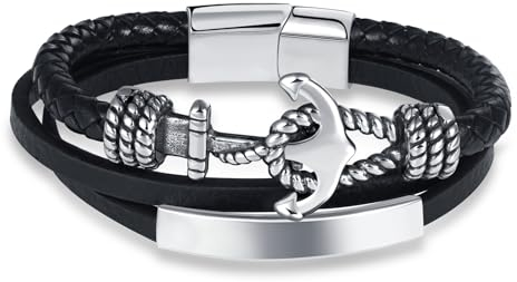INFINIONLY Herren Mehrschichtiges Geflochtenes Leder Armband Fashion Edelstahl Anker Armbänder für Jungen mit Edelstahl Schnalle