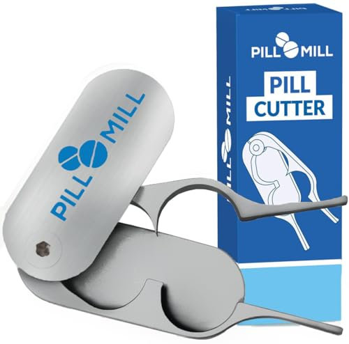 Pill Mill Pillenschneider-Splitter für kleine und kleine Pillen – mit einer langlebigen Metallklinge, die nie stumpf wird, Pillenschneider mit Zentriervorrichtung, Cortador de Pastillas Para Medicina,