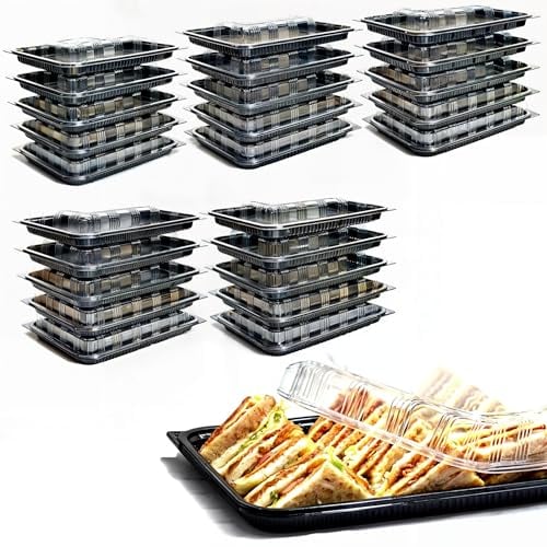 Zumart Paquete de 25 bandejas para sándwiches con tapas, bandejas de plástico reutilizables con tapas para preparación de comidas, pasteles, golosinas y sándwiches (33,5 cm x 24 cm x 6 cm).
