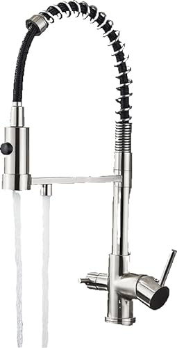 Bernd | Grifo de filtro de 3 vías para gastronomía, plata cepillada, muelle de acero inoxidable, grifo de ósmosis para cocina, grifo mezclador de restaurante giratorio 360°, 2 conexiones