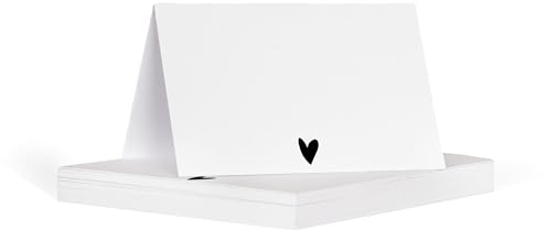 Manta Makes | White Folded Table Name Cards for Party, Reception, Birthday (50 Pieces) | Wedding, Birthday, Anniversary Name Cards | Black Heart