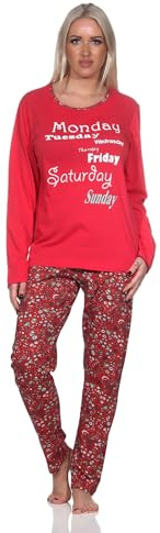 Normann Damen Schlafanzug lang mit Rundhals lässigem Print und floralem Allover-Muster, Farbe:rot, Größe:40-42