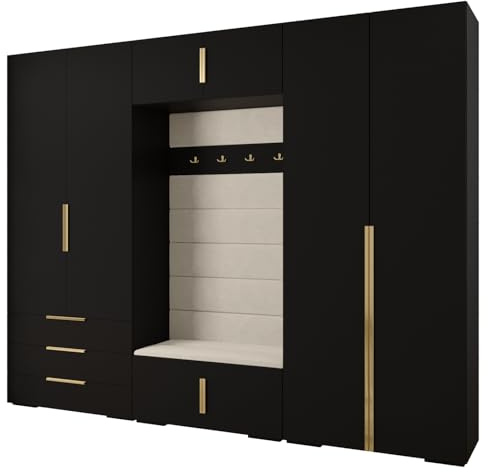MEBLE KRYSPOL Inova 1 Möbelset - Moderne Garderobe - für Schlafzimmer, Wohnzimmer, Flur, Kinderzimmer - Ankleidemöbel - 236,7x300x47cm - Schwarz, Paneele Manila 02, Handgriff Gold