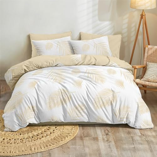 Dreamzie Housse de Couette 260 x 240cm avec 2 Taies d'oreiller 65x65 cm, Motif Feuilles de Palmier Tropicales Beige Blanc, Parure de Lit 260x240 avec Fermeture Éclair,Linge de Lit 2 Personnes,Oeko TEX