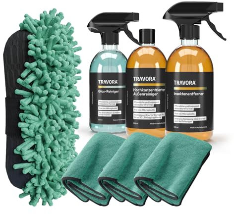 TRAVORA Premium Auto Reinigungsset - 5-teiliges Reinigungsset Auto inkl. Bio-Autoshampoo Konzentrat, Insektenentferner Auto, Scheibenreiniger Auto, Auto Schwamm, 3X weiche Mikrofasertücher Auto