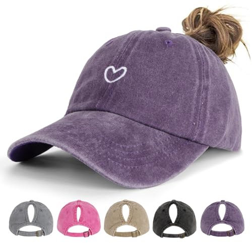 HeyCaps Pferdeschwanz Baseball Cap Damen Verstellbare Baseballkappe Vintage Mützen Sonnenschutz Basecap Mit Zopf Loch für Sommer Sport