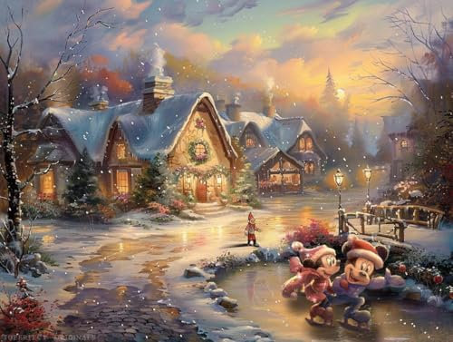 25 Originale Weihnachtsdorf-Dekoration | Mickey und Minnie beim Schlittschuhlaufen in einer Märchenstadt | Thomas Snow-Gemälde im Kinkade-Stil | Liebster Teich mit Schlittschuhläufern | Geschenk ...