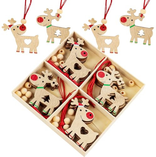 JWTRSVTY 20 PCS Alce Navidad Colgante De Madera, Madera Alce Árbol De Navidad Adornos, DIY Adornos De Madera De Alce Set, Reno Colgantes En Madera Con Cuerda y Cuentas, para Decoración Árbol Navidad