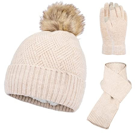 YCBMINGCAN 3 in 1 Women's Wool Hat, Scarf & Glove Winter Set, Beanie Hat with Bobble Winter Scarf & Touchscreen Gloves, Khaki, One Size