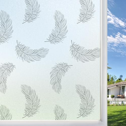 Qualsen Fensterfolie Blickdicht Selbsthaftende Feder-Muster Sichtschutzfolie Fenster Milchglasfolie Statisch Haftend Klebefolie Anti UV Dekofolie für Küche Wohnzimmer 90x200cm