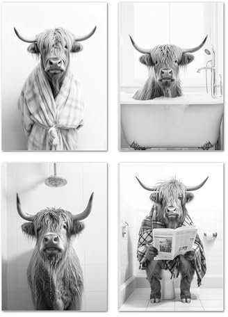 LAVEMA Badezimmer Deko Bilder - Poster DIN A3 (30x42cm) ohne Rahmen - lustige Wanddeko - schwarz weiß Wandbild - WC Toilette Deko - Schottische Hochland Kuh