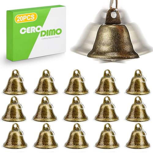 CeroDimo 20 cascabeles pequeños de latón con clips de resorte para manualidades, mini campanas de bronce vintage con ganchos de resorte, campanas pequeñas para collares de perro, árbol de Navidad,
