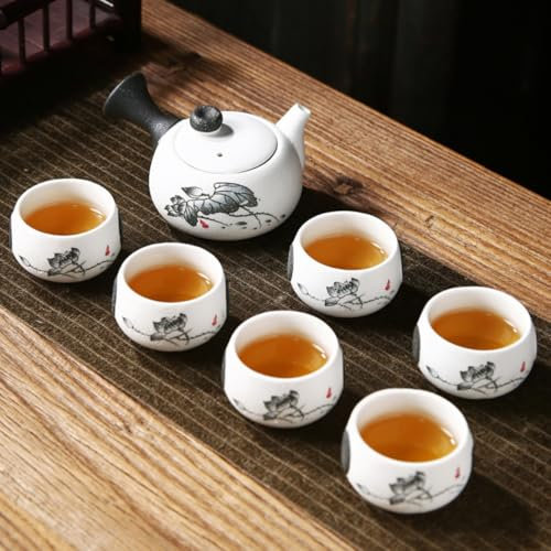 HGDESIGN Porzellan Teeset mit Teekanne und 6 Teetassen, verbrühungsfreie Schneeflocken-Glasur, Topfbecher, Chinesisch Japanisch Kong Fu Teeservice Asiatisch Teekanne Set (A)