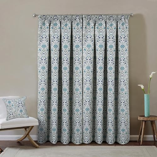 Enhanced Living Cotswold Premium Floral Blue 100% Blackout Curtains for Bedroom & Living Room - 45x54 inch (114x137 cm) - Tape Top Curtains with Textured Linen Feel - 2 x Curtain Panels
