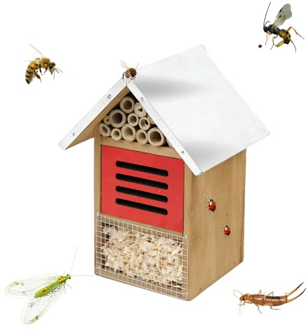 Seezengreen Wooden Mason Insect Bee Butterfly House with Metal roof,an Outdoor Hanging Habitat for Bee Butterfly Ladybugs
