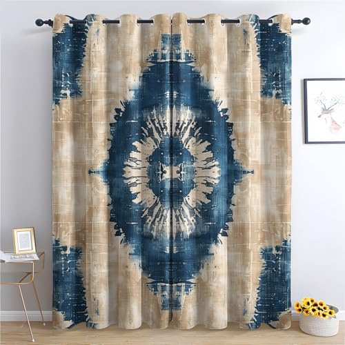 Generisch Vorhänge Ikat Muster, Boho Blau Vintage Gardinen mit Ösen Wohnzimmer Schlafzimmer Deko, Fenster Blickdicht Verdunklungsvorhänge 2er Set, 220 x 140 cm (H x B) s69