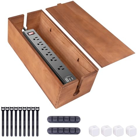 Cable Management Box,Cable Tidy Box for Desk/Home/Office-Cord Organizer Hide Power Strips/Electrical Plugs,Nature Wood Cable Storage & Organizer