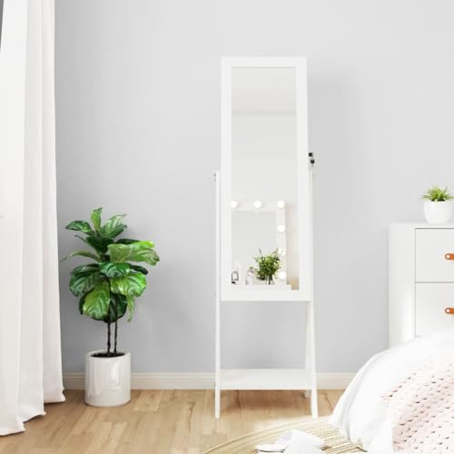 AJJHUUKI Decor-Mirrors-Armoire à bijoux sur pied avec miroir et éclairage LED Blanc