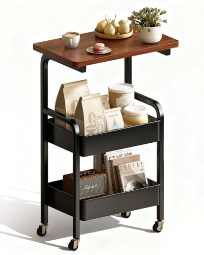 3 Tier Metal Rolling Utility Cart Organizer with Walnut Table Top, Stable and Sturdy Rolling Storage Carts with 2 Lockable Wheels for Kitchen,Bathroom,Snacks,Coffee,Craft,Makeup,Baby Essentials