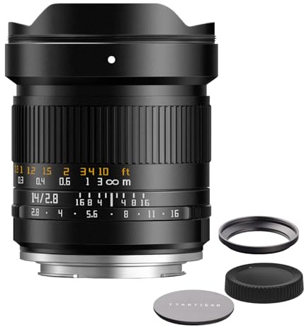 TTArtisan Objetivo ultra gran angular de 14 mm F2.8 de formato completo con campo de visión MF ASPH 114° y soporte de filtro externo de 77 mm para cámaras con montura E (A7 A7R A7S, A9, A6000, NEX)