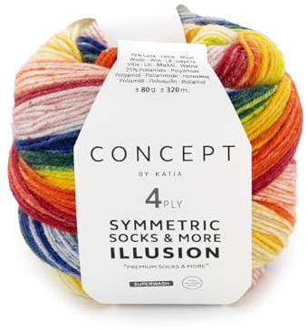 Katia Symmetric Socks & More Illusion, Sockenwolle 4fädig, 320m Farbverlauf, 80g, Nadelstärke 2,5mm, Sockengarn 4-fädig, zwei gleiche Socken stricken (70)