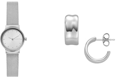 Skagen Damen Freja Lille Silberfarbene Edelstahl Uhr und Anja Pebbles Ohrringe, Set