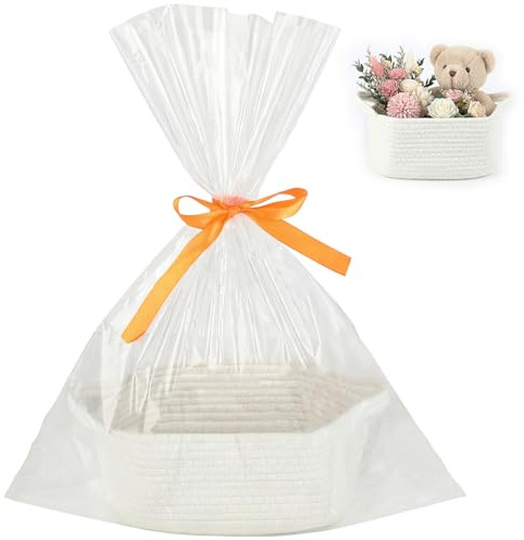 Kievano Geschenkkorb Leer aus Baumwollseil, Geflochtener Korb für Geschenke mit Geschenktüte & Schleife, Präsentkorb Leer für Weihnachten, Geburtstag, Hochzeit, Babyparty – Weiß – 30×20×12 cm