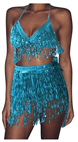 Bauchtanz Kostüm Damen Pailletten Fransen Mini Rock und Oberteil Set Sexy Rückenfrei Neckholder BH Glitzer Tanztop Tanzröck 2 Teilig Glänzend Pailettenrock Top Silvester Karneval Party Hüfttuch Outfit