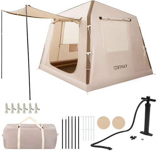 COSTWAY Aufblasbares Campingzelt 2-4 Personen, Luftzelt mit Moskitonetzfenstern, Familienzelt mit Pumpe & Tragetasche, Wurfzelt mit Erdankern & Spannleinen, 210 x 210 x 180 cm