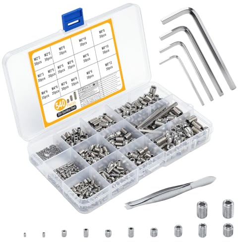 540 Pcs Grub Screws Assorted, Stainless Steel Hex Head Grub Screws for Door Handles, Allen Key Screwss, Set Screw for Taps, Bathroom Fixtures, Home Repairs (M2 M3 M4 M5 M6 M8, Silver)