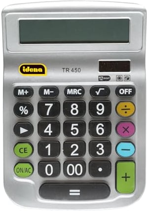 Idena 505292 - Tischrechner TR 450, 12-stelliges Display, Batteriebetrieb, Solarbetrieb, Wurzelberechnung, Prozentrechnung, Speicherfunktion, silber
