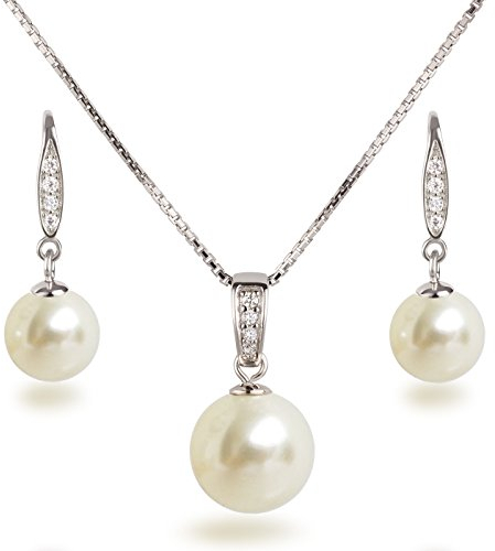 Schöner SD Schmuckset Perlen creme Anhänger Kette Ohrhänger Zirkonia 925 Silber