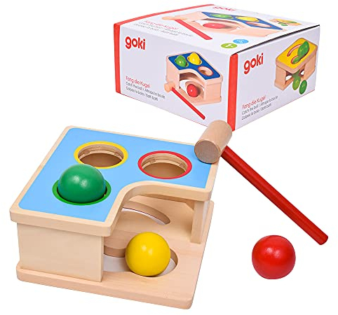 goki 58864 - Hammerbank und Kugelbahn aus Holz, Motorikspielzeug für Kinder, Holzspielzeug mit 3 Kugeln und Hammer, Pädagogisches Lernspiel zur Förderung der Feinmotorik, 4-er Set, ab 1 Jahr