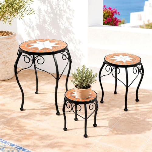 DanDiBo Blumenhocker Mosaik Rund 3er Set 20, 27, 37 cm Blumenständer 12014 Beistelltisch Pflanzenständer Mosaiktisch Klein