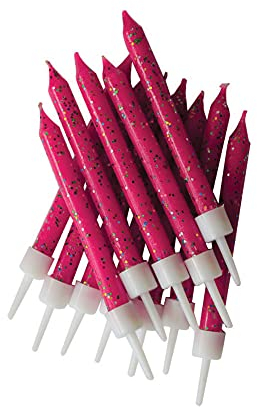 Anniversary House Pack of 12 Bright Glitter Birthday Candles with Holders, 7.5 Centimeters, Celebration Cake Decoration, AHC150, Fuchsia Pink