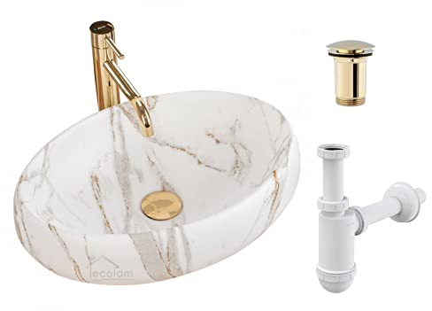 ECOLAM® Aufsatzwaschbecken Keramik Lava Linda 48 x 34 cm matt Handwaschtisch Waschbecken Waschschale Marmor-Effekt oval glamour + Click-Clack Gold glänzend + Siphon