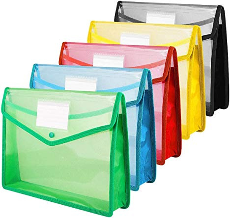 A4 Plastic Wallet Folders with Popper A+Selected Document Pockets with Button A4 Plastic Envelope Wallets Files for School Office Home Pack of 5 Red Blue Yellow Green Black