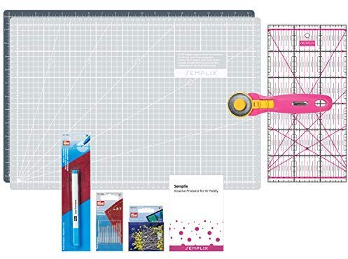 SEMPLIX Patchwork Starter Set mit Schneideunterlage (A3), Rollschneider Maxi, Lineal + Nähnadeln, Stecknadeln & Trickmarker (grau/pink)