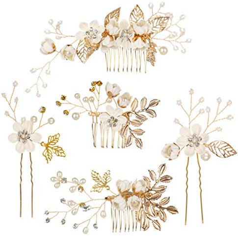 STOBOK Perle de Mariage mariée Cheveux Perles de Cristal Peigne à Cheveux épingles à Cheveux Ensemble Strass Fleur Blanche Casque de mariée,5 pièces