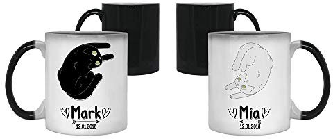 Personalised Couple Cat Themed Wedding Anniversary, Valentine’s Day, Present Ceramic Couple Mug Set. (11 Oz Magic Mug)