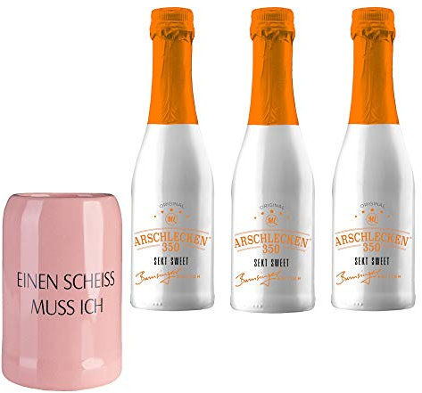 Geschenkbox Piccolo Prosecco Set mit Rosa Krug Proseccokrug aus Steingut, 0,33l mit Aufschrift EINEN Scheiss MUSS ICH & 3 x Prosecco AL350