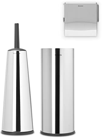 Brabantia 3 Piece Toilet Accessory Set (Brilliant Steel) Toilet Brush & Holder, Toilet Roll Holder & Toilet Roll Dispenser (Drill/No Drill Wall Mounting) 10 Year