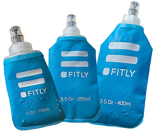 FITLY FLASKS Combo – 3 flasques souples pour hydratation pendant la course à pied, la randonnée, le cyclisme, l'escalade – Bouteilles d'eau pliables (5-95-150-250-400ml) – Bleu