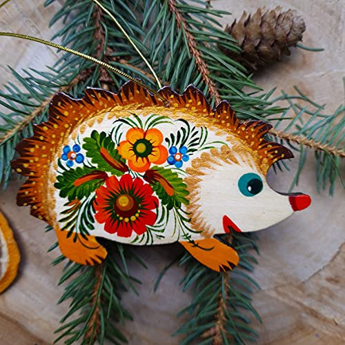 Christbaumschmuck Igel Holzfiguren für Weihnachtsbaum 10 х 7 х 0.5 cm Handgemacht und Beidseitig Handbemalt Das Ukrainische Kunsthandwerk Petrykiwka-Malerei für Ihre Weihnachten