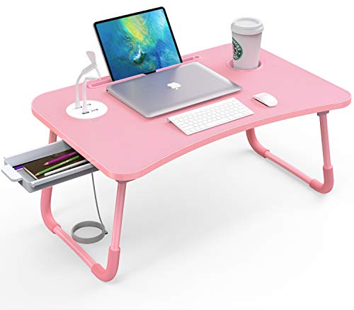Elekin Portable Bed Tray, Lap Desk with Drawer/Cup Holder for Eating, Writing, Reading, Working on Bed/Couch/Sofa with Little Present (Small Lamp, Small Fan)-Pink