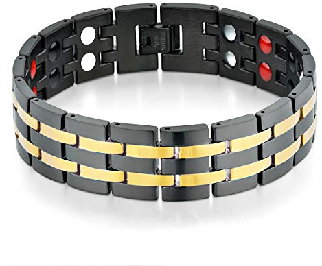 JewelryWe Schmuck Magnetarmband Herren Magnet Therapie Edelstahl Groß Schwer Breit Glieder Link Armband Gesundheit Armkette Armreif für Männer Gold Schwarz