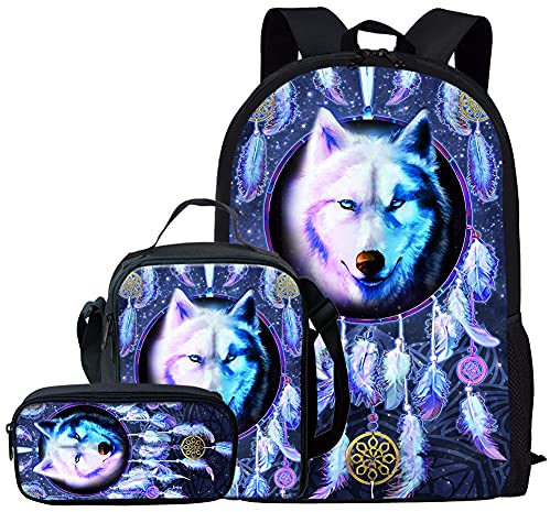 Kuiaobaty Schulranzen Set für Mädchen Jungen 3 in 1 Schultasche mit Lunchtasche Federmäppchen für Mittelschule Schule, Traumfänger Wolf, Einheitsgröße, Modern
