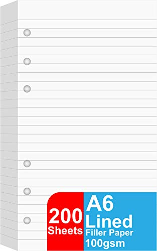 (2 Pack) A6 liniertes Nachfüllpapier, 200 Blatt/400 Seiten Loseblattpapier für Filofax-Personenmappen, 6 Löcher gestanzt, 100 g/m² linierte weiße Seiten, 9.5 x17.1cm