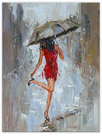 Abstraktes Wandbild auf Leinwand Mädchen Regenschirm mit Roten Kleid Hohen Absätzen die in Straße Gehen Kunstdruck Poster Regen Gemälde für Badezimmer Frauen Raum Dekor (30x45cm Kein Rahmen)