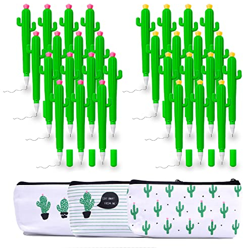 30 penne e 3 astucci – penna a sfera a forma di cactus – penna nera – set di cancelleria creativa – penne divertenti per cactus con astuccio per cancelleria